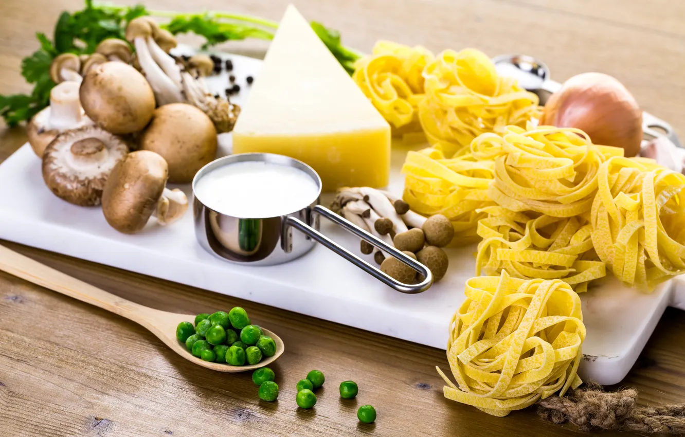 Photo wallpaper mushrooms, cheese, peas, mushrooms, cheese, pasta, pasta