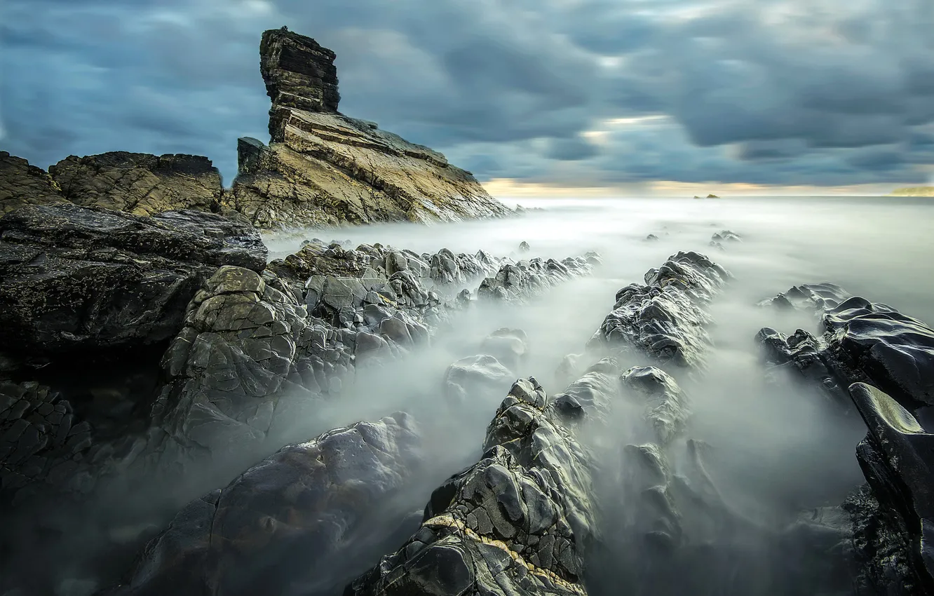 Photo wallpaper sea, the sky, clouds, stones, rocks