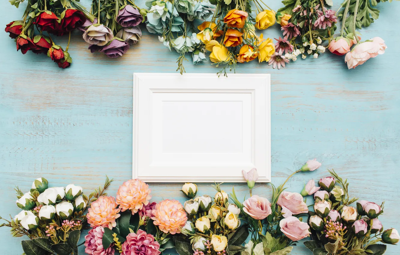 Photo wallpaper flowers, background, frame, colorful, wood, flowers, bright