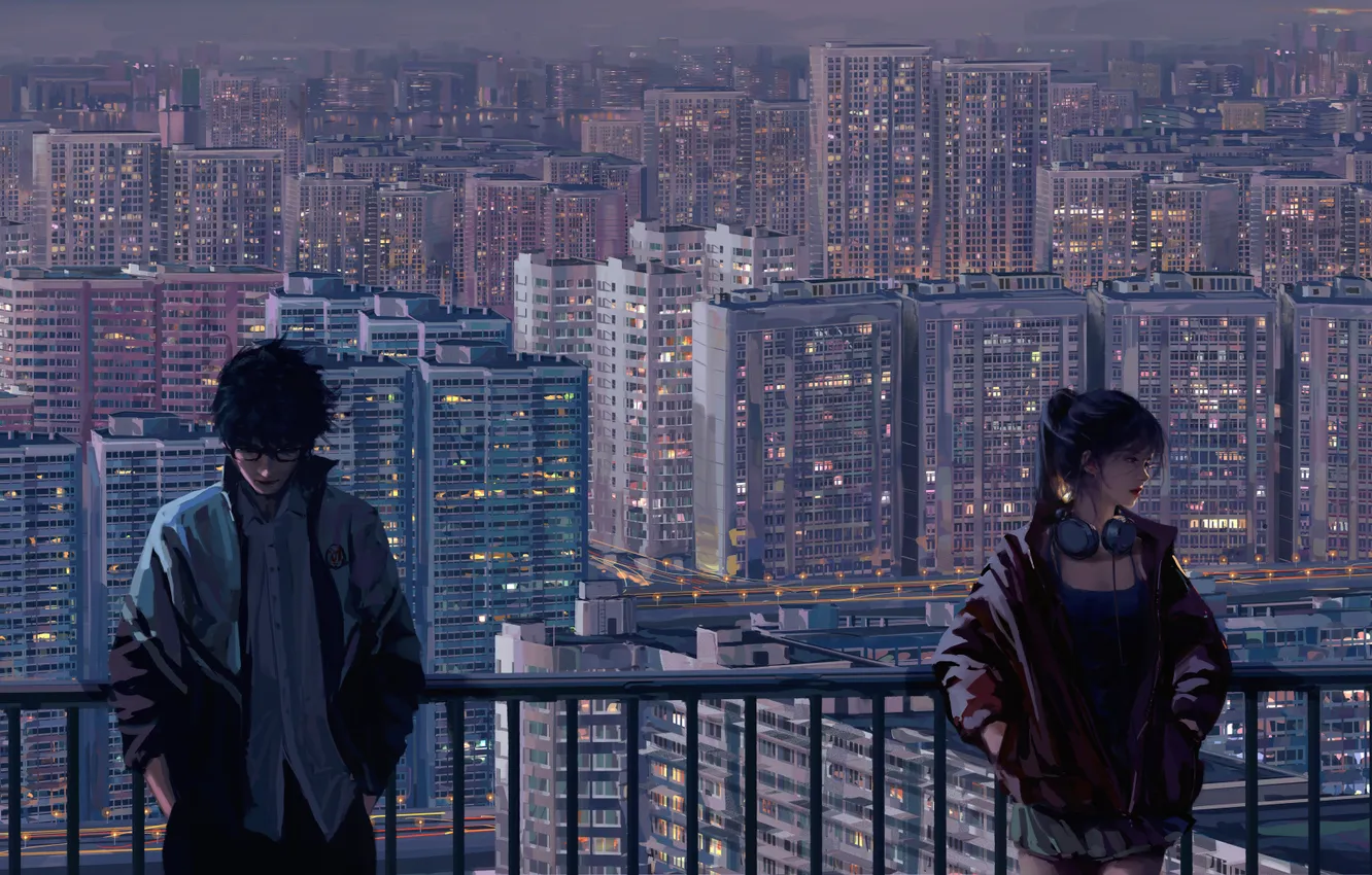Photo wallpaper city, woman, men, balcony