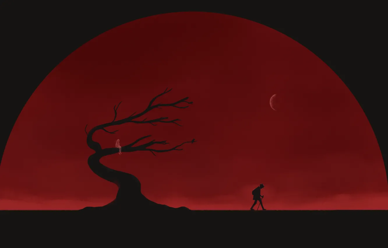Photo wallpaper tree, the moon, traveler, red background