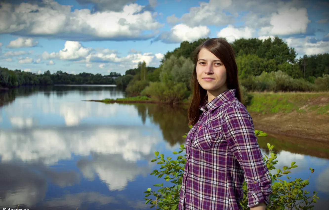 Photo wallpaper the sky, girl, clouds, landscape, nature, lake, reflection, view