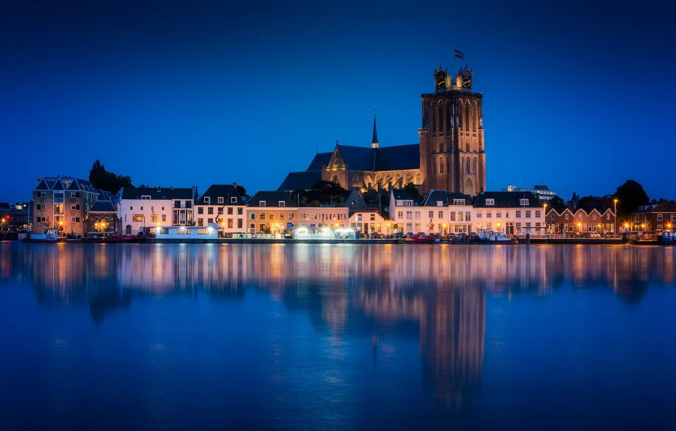 Photo wallpaper night, lights, river, Church, Netherlands, skyline, Holland, Dordrecht
