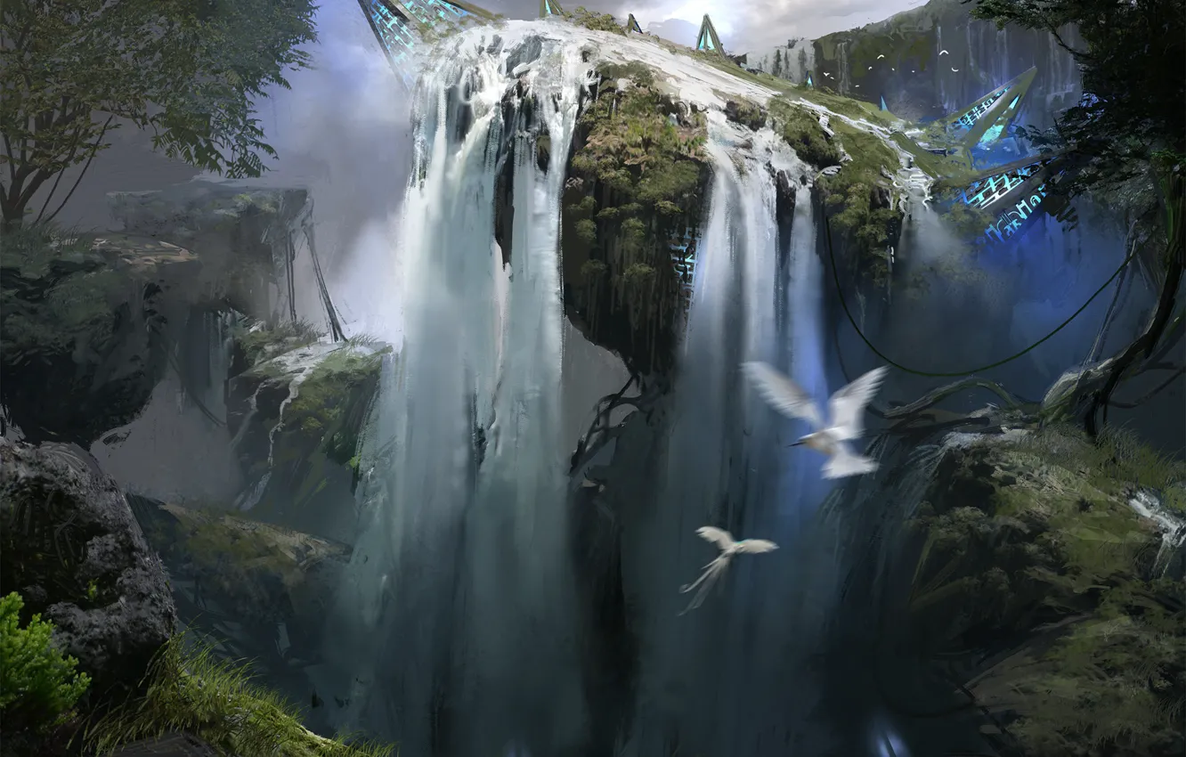 Photo wallpaper birds, nature, fiction, waterfall, art