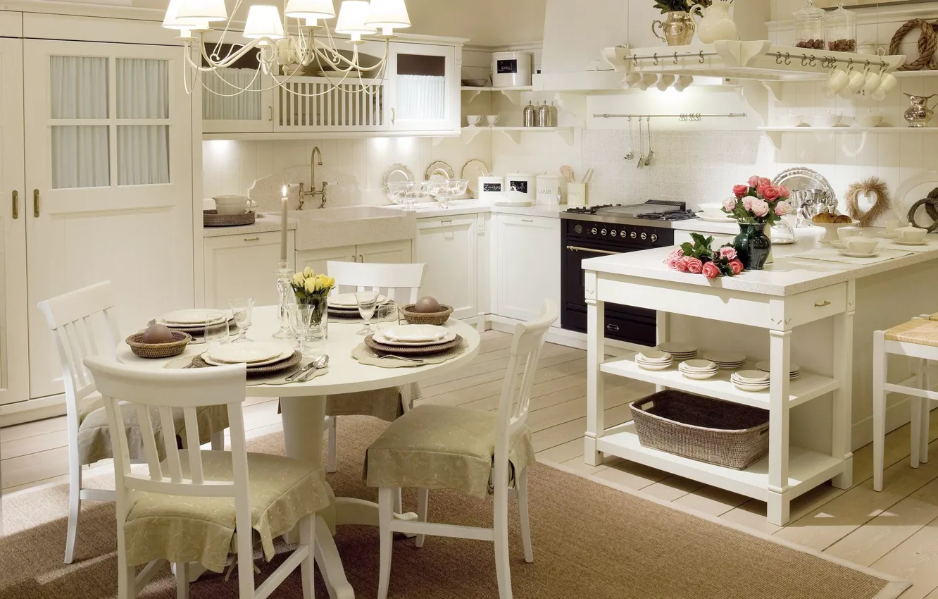 Photo wallpaper white, table, chairs, roses, interior, kitchen, vase