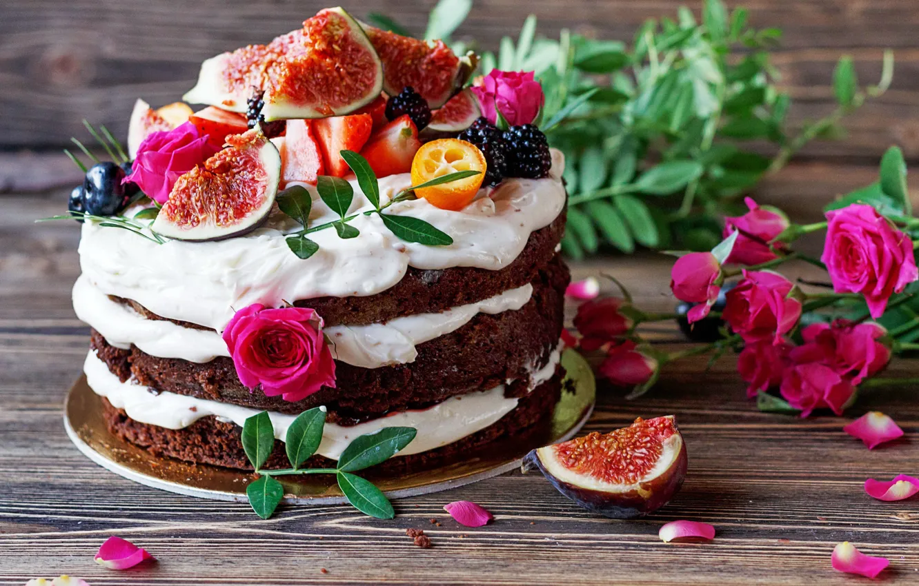 Photo wallpaper berries, cake, fruit, cake, cream, dessert, biscuit, berries