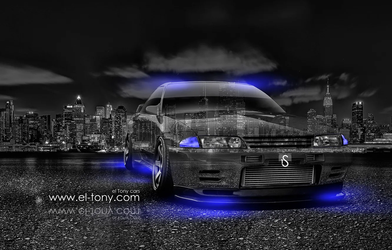 Photo wallpaper -Car, -Crystal, -City, -2014-Blue, Nissan-Skyline, -GTR, -R32