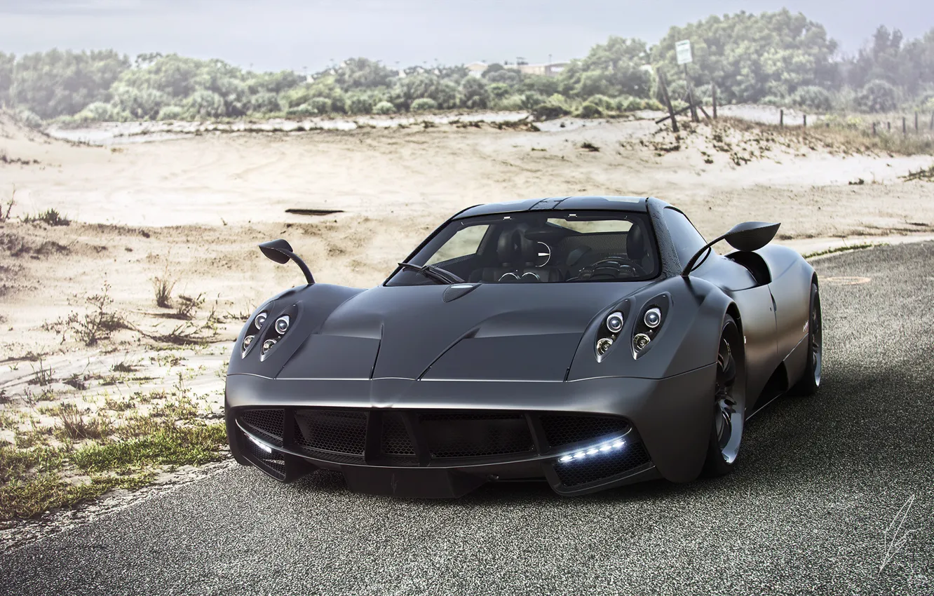 Photo wallpaper Pagani, Power, Front, Black, Matte, Road, Supercar, To huayr