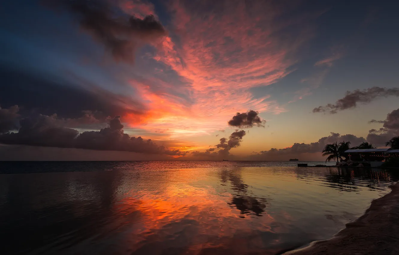 Photo wallpaper beach, palm trees, the ocean, dawn, resort, Bungalow