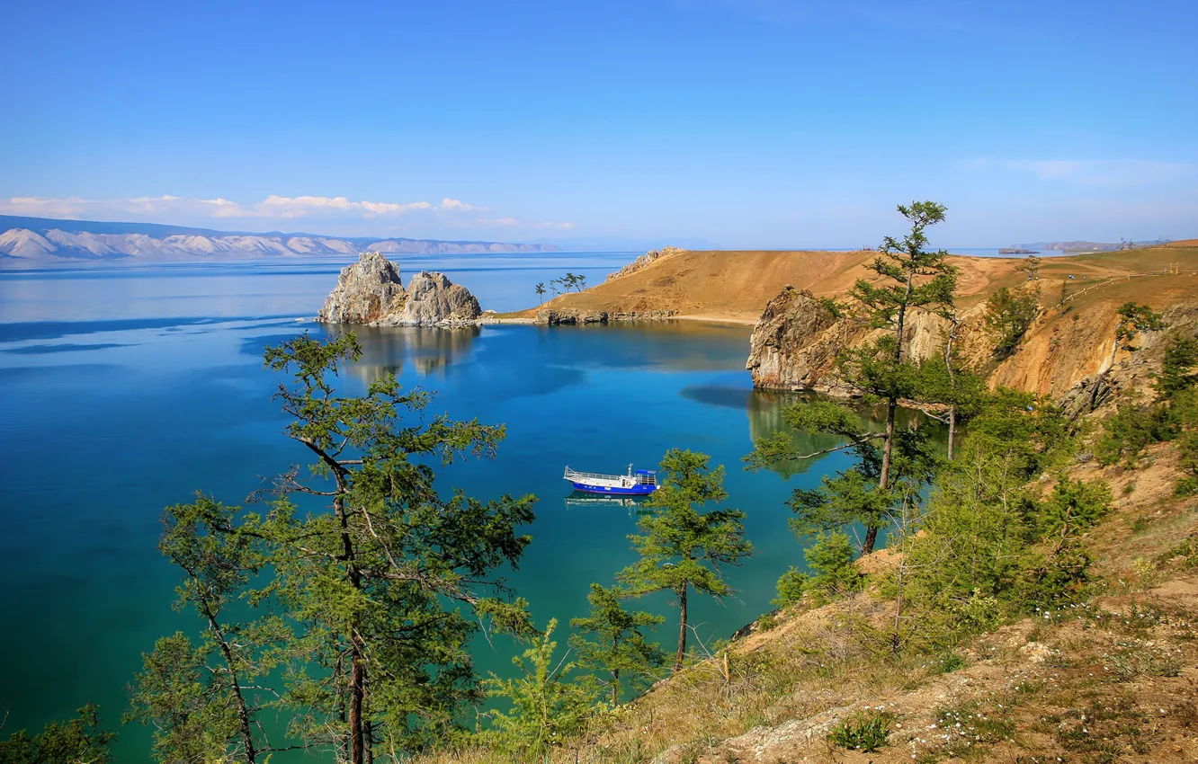 Photo wallpaper the sky, the sun, trees, lake, rocks, shore, Baikal, boat