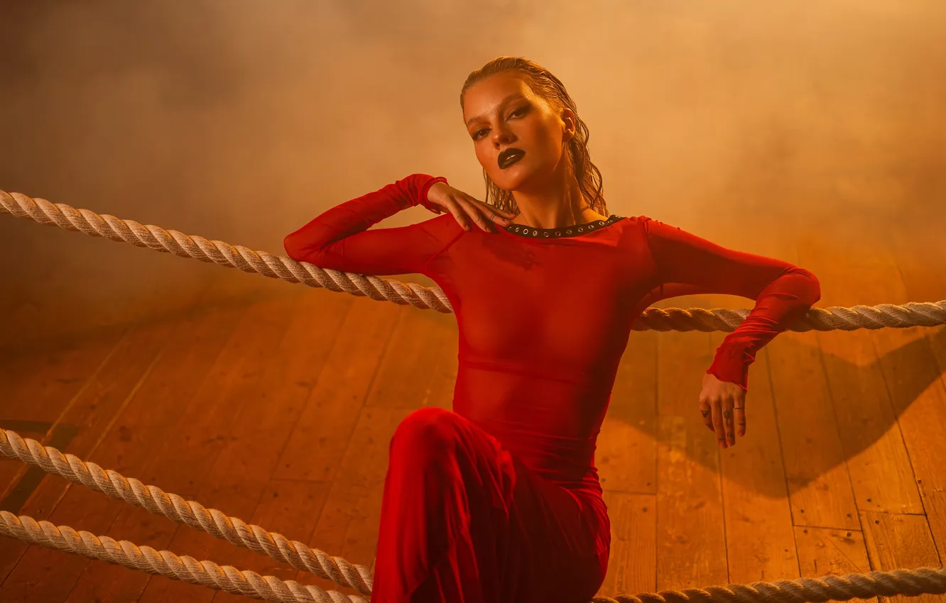 Photo wallpaper girl, pose, hands, figure, rope, red dress, Stanislav Zemlyanoy