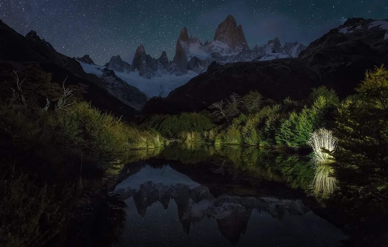 Photo wallpaper the sky, stars, light, mountains, night, lake, reflection, Patagonia