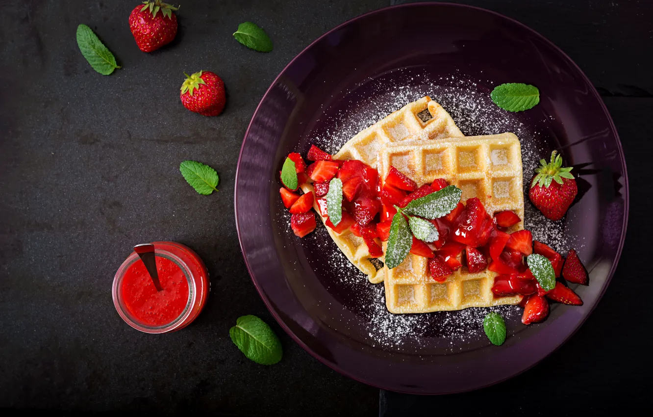Photo wallpaper Strawberry, Dessert, Waffles