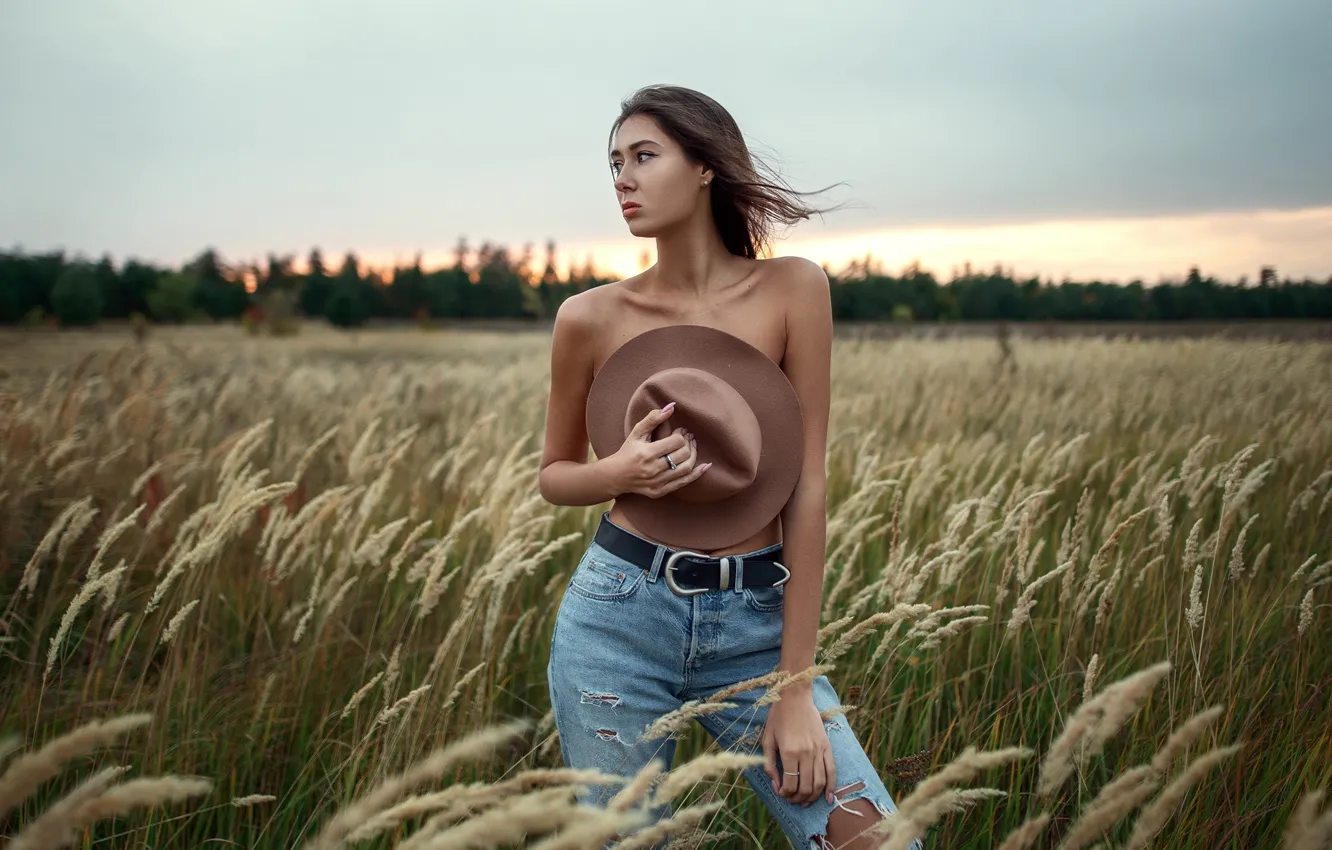 Photo wallpaper field, girl, pose, jeans, hat, Vladimir Tomarov, Victoria Druzhbitskaya