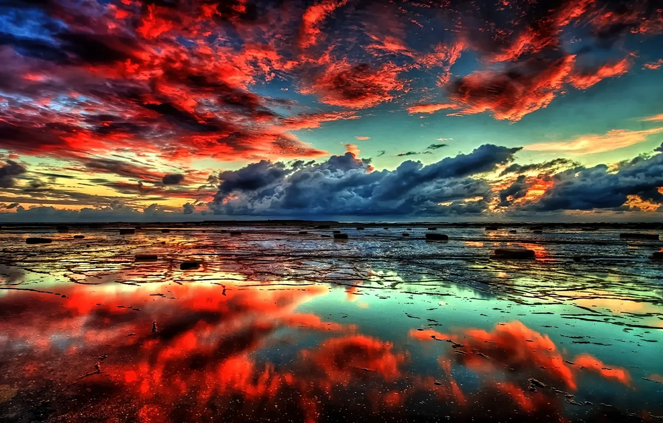 Photo wallpaper WATER, HORIZON, The SKY, CLOUDS, REFLECTION, SURFACE, SUNSET, CLOUDS