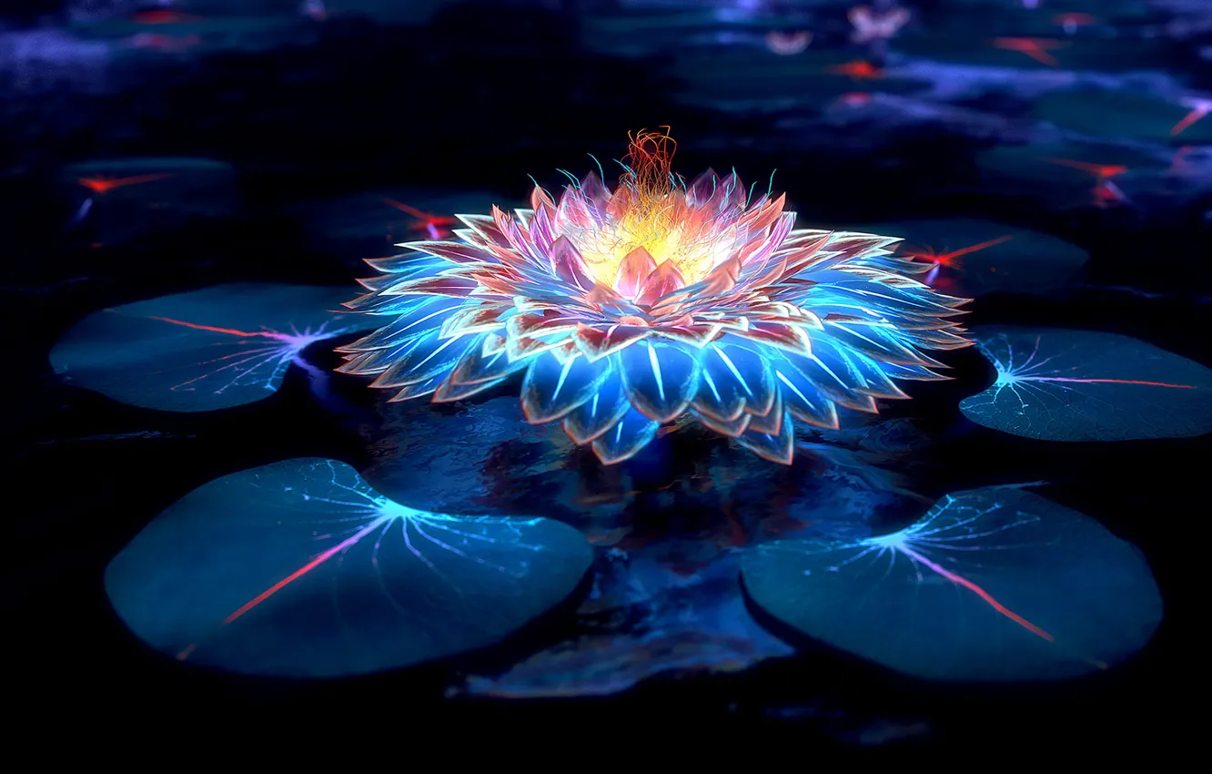 Photo wallpaper water, light, flowers, neon
