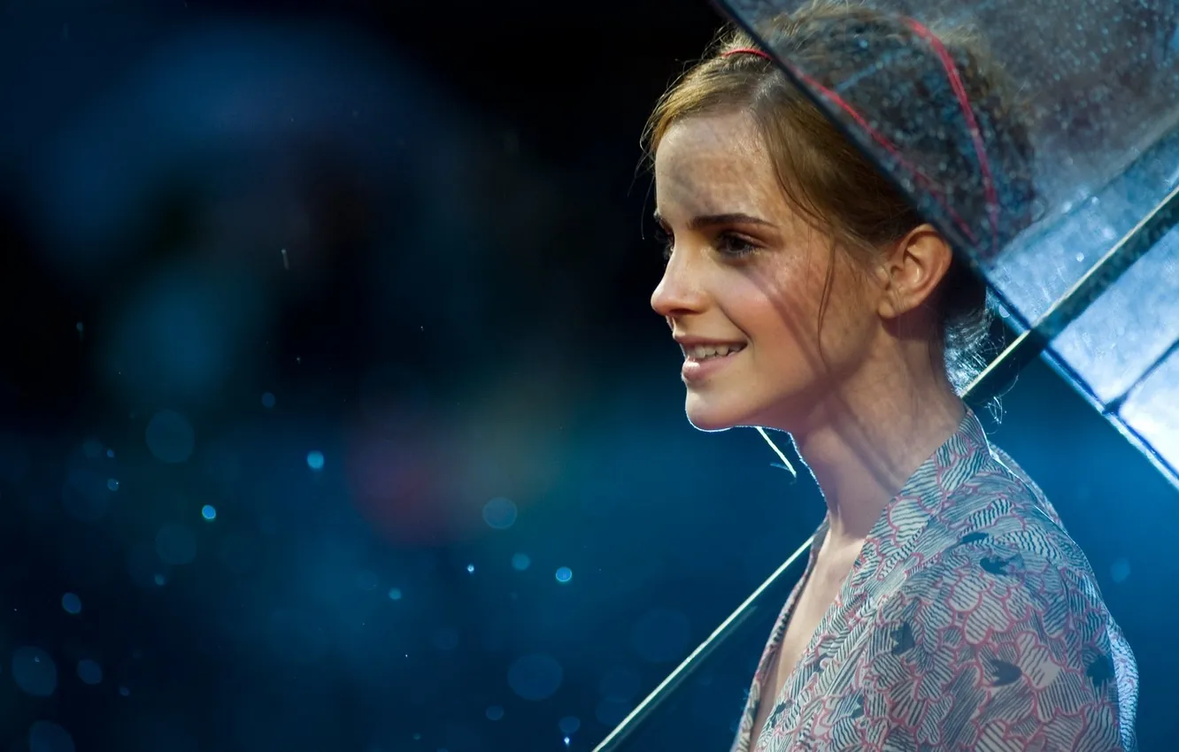 Photo wallpaper umbrella, rain, Emma, rain, umbrella, Emma, Watson