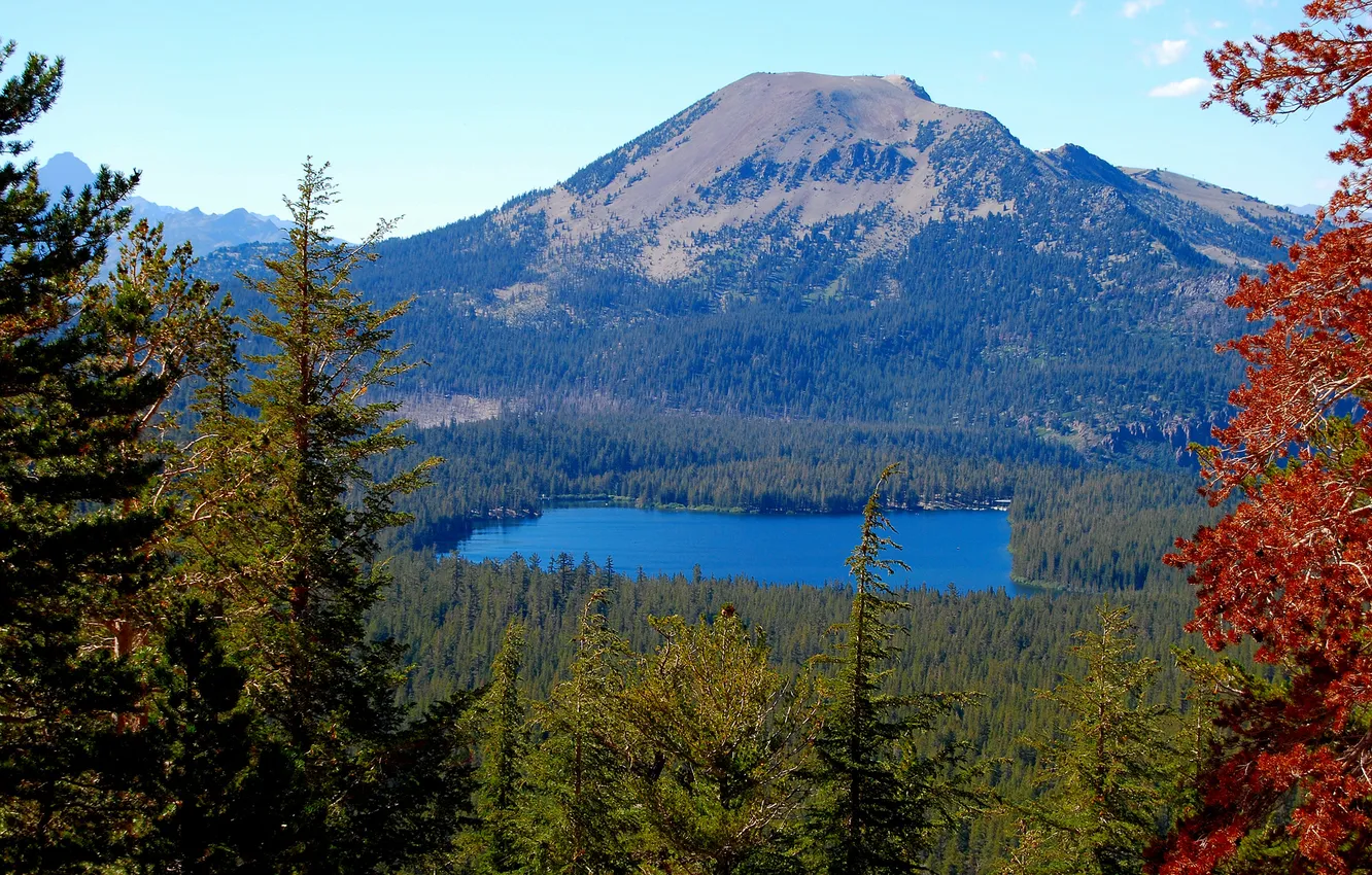 Photo wallpaper autumn, forest, the sky, trees, mountains, lake