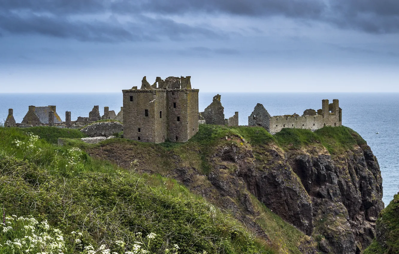 Photo wallpaper sea, the sky, clouds, Scotland, ruins, architecture, Dunnottar castle