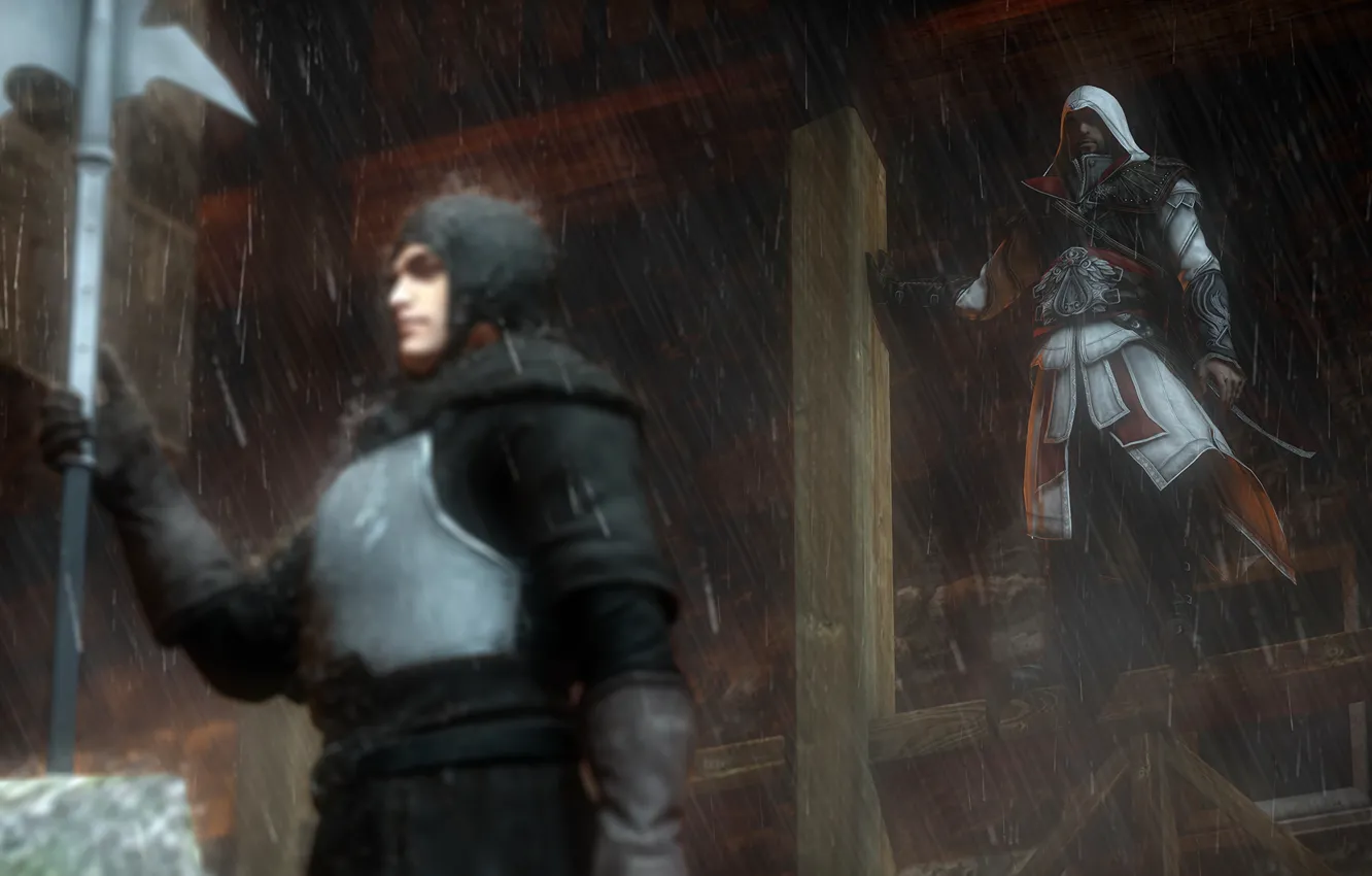 Photo wallpaper rendering, rain, hood, Assassin's Creed, ezio, Ezio Auditore da Firenze