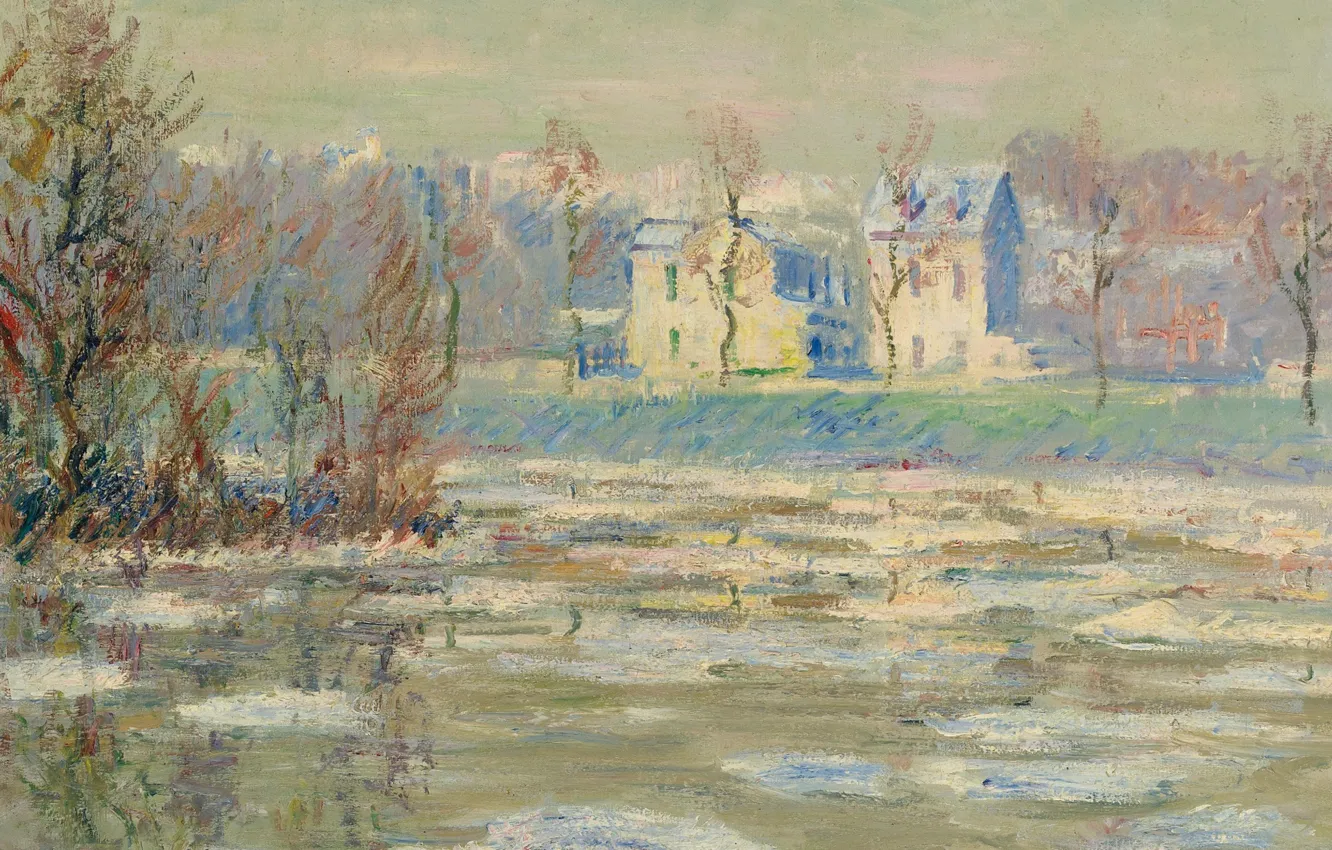 Photo wallpaper landscape, river, home, picture, Gustave Loiseau, The Oise In Winter, Gustave Loseau
