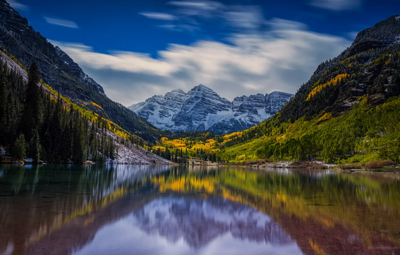 Photo wallpaper forest, mountains, lake, reflection