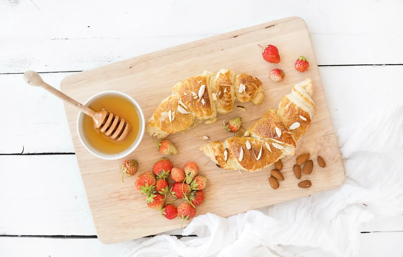 Photo wallpaper berries, Breakfast, strawberry, honey, strawberry, breakfast, croissant, growing