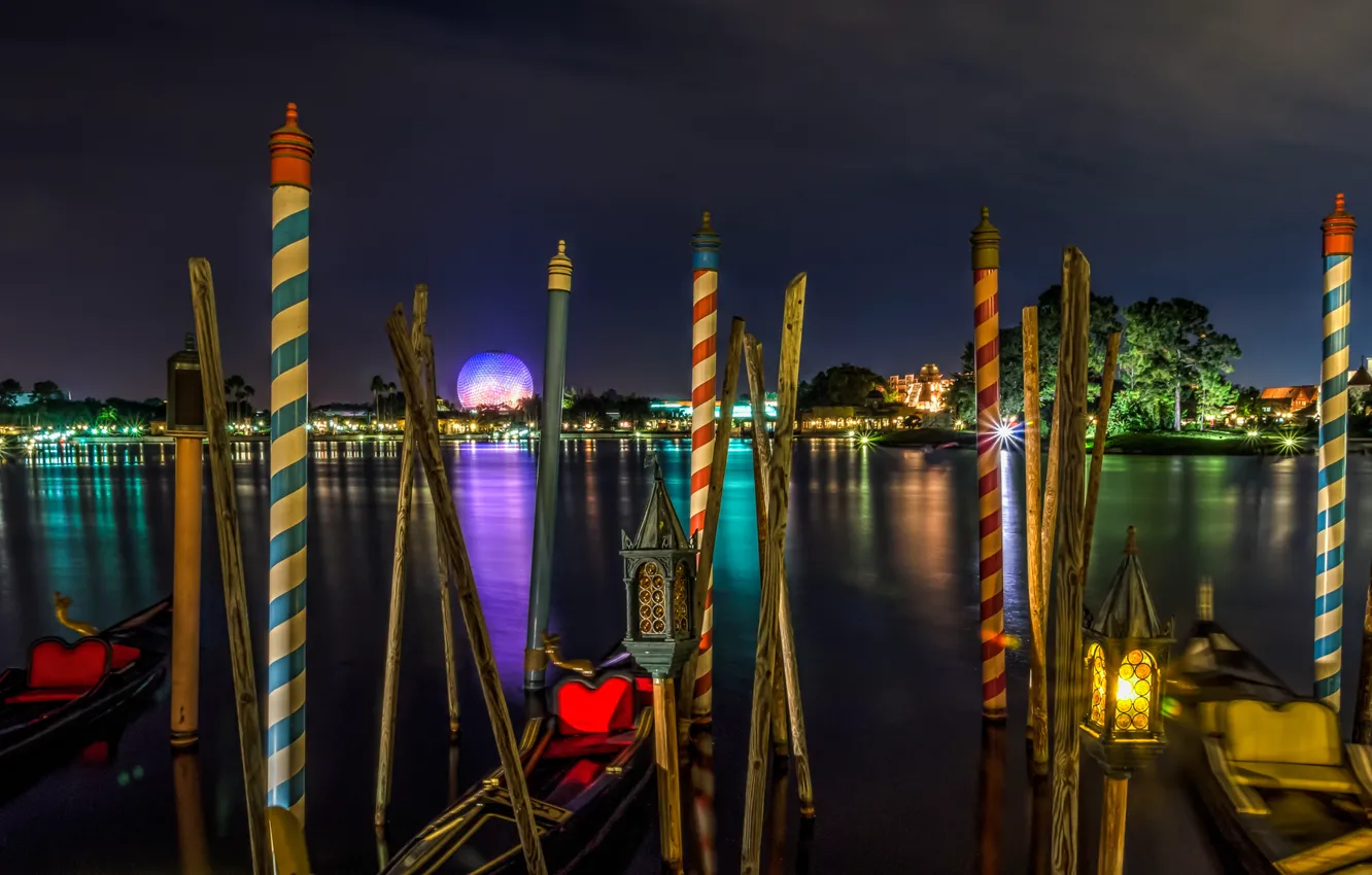 Photo wallpaper the sky, trees, night, bridge, lights, river, boat, home