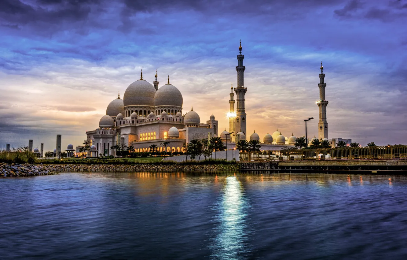 Photo wallpaper water, the city, tower, the evening, mosque, architecture, the dome, UAE