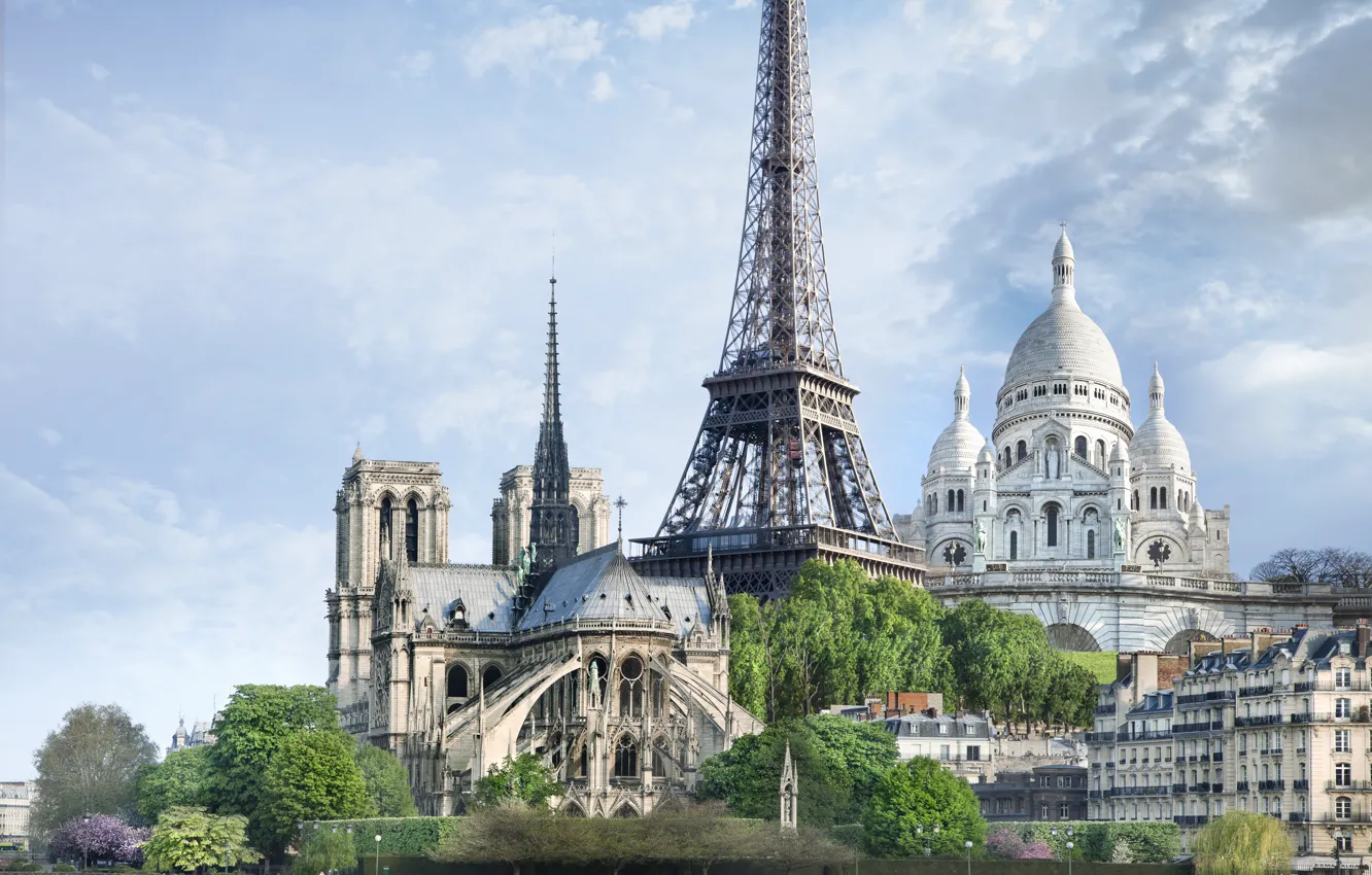 Photo wallpaper Paris, monument, Paris, France, Notre Dame de Paris, Eiffel Tower, dostoprimechatelnosti