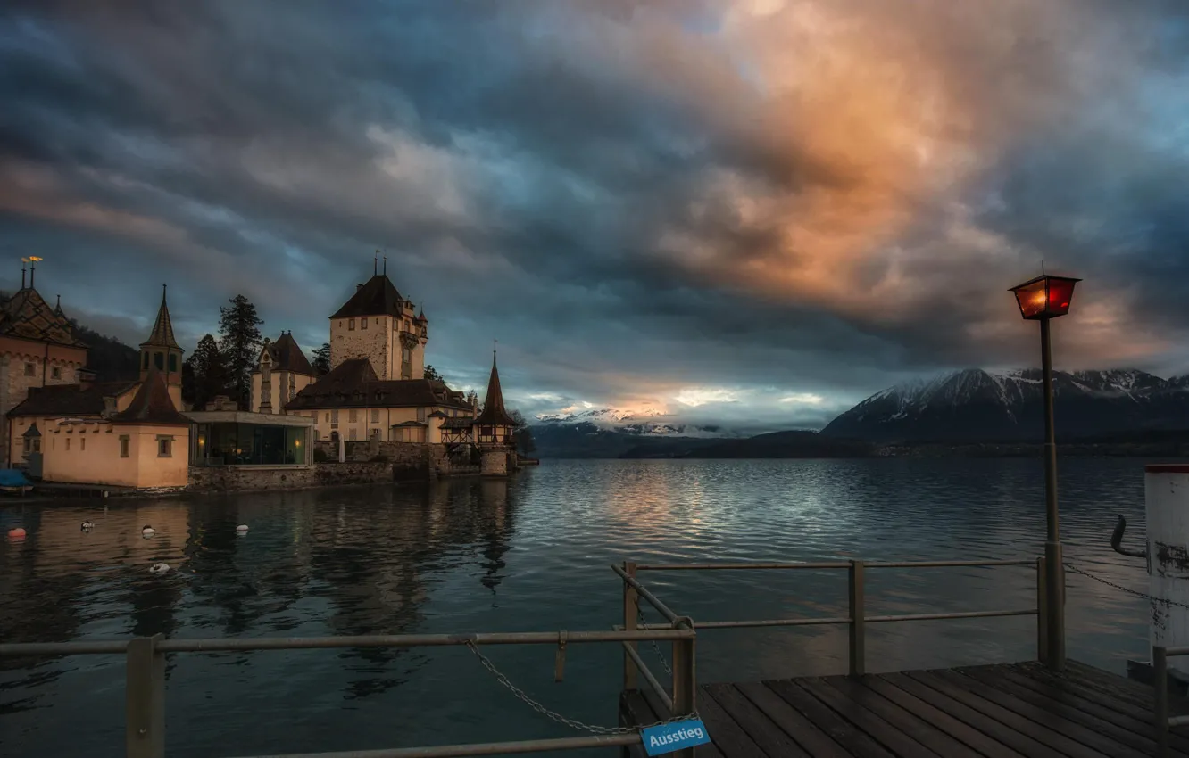 Photo wallpaper landscape, mountains, clouds, nature, morning, Switzerland, pier, lighting