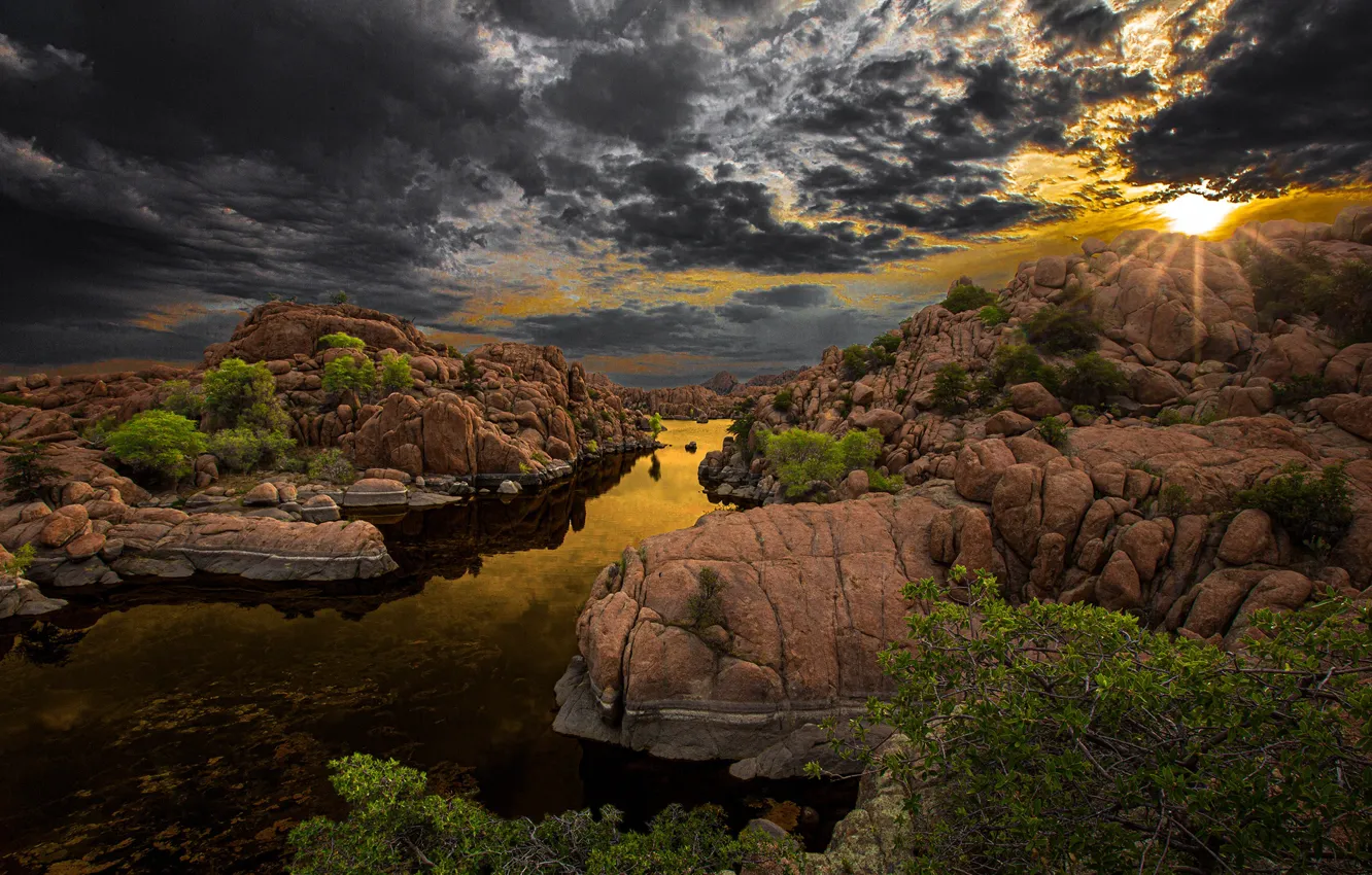 Photo wallpaper the sky, the sun, rays, clouds, river, stones, USA, the bushes