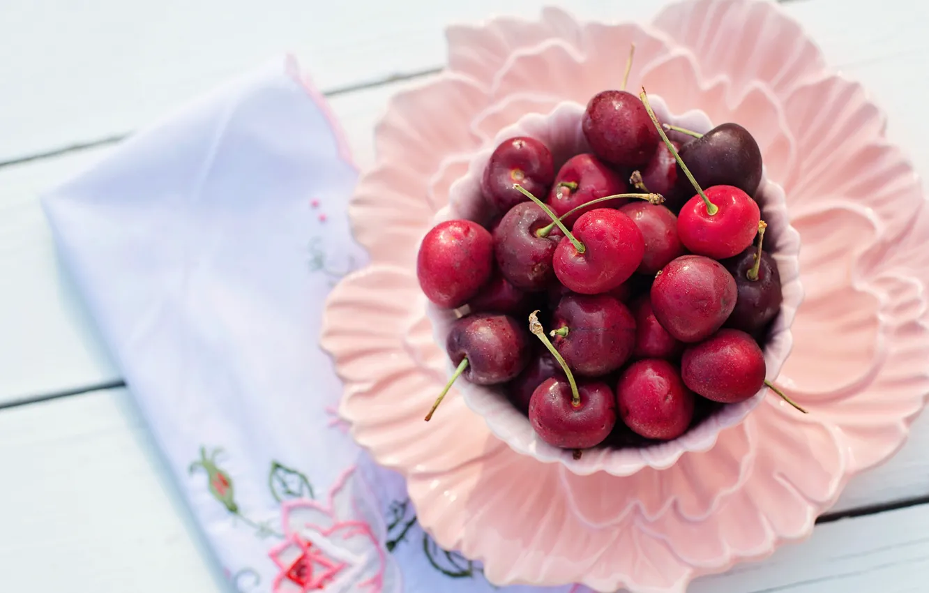 Photo wallpaper cherry, berries, table, Board, food, Breakfast, plate, Cup