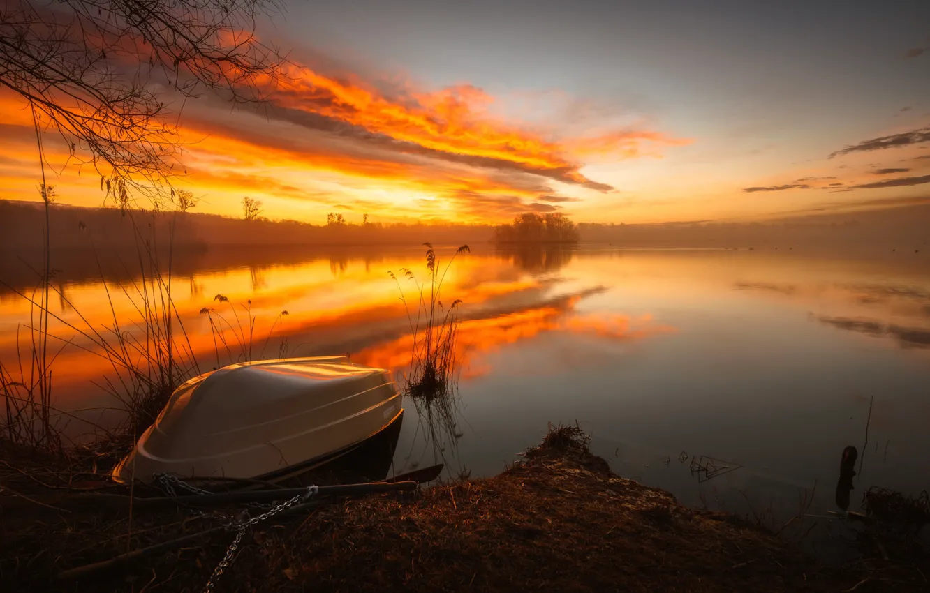 Photo wallpaper sunset, nature, lake, boat