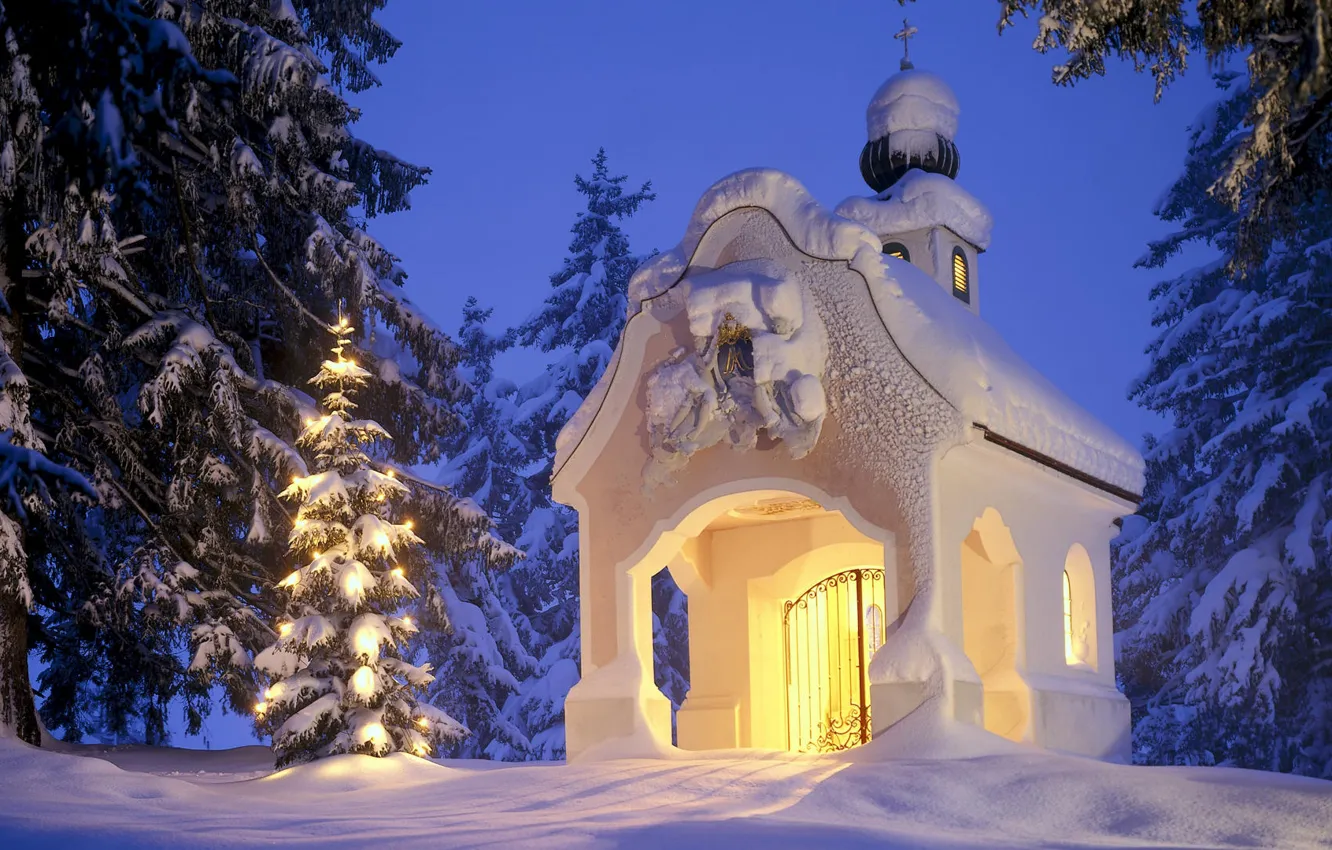 Photo wallpaper winter, snow, tree, Christmas, chapel