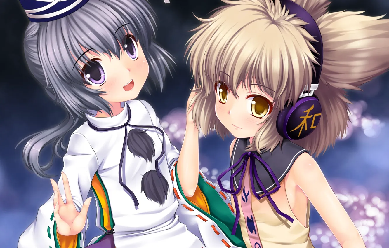 Photo wallpaper hat, girls, headphones, art, bows, touhou, toyosatomimi no miko, mononobe no futo