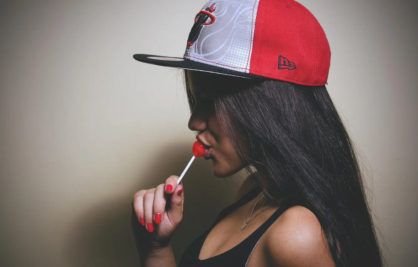 Photo wallpaper girl, photo, model, brunette, cap, swag, syle, Chupa Chups