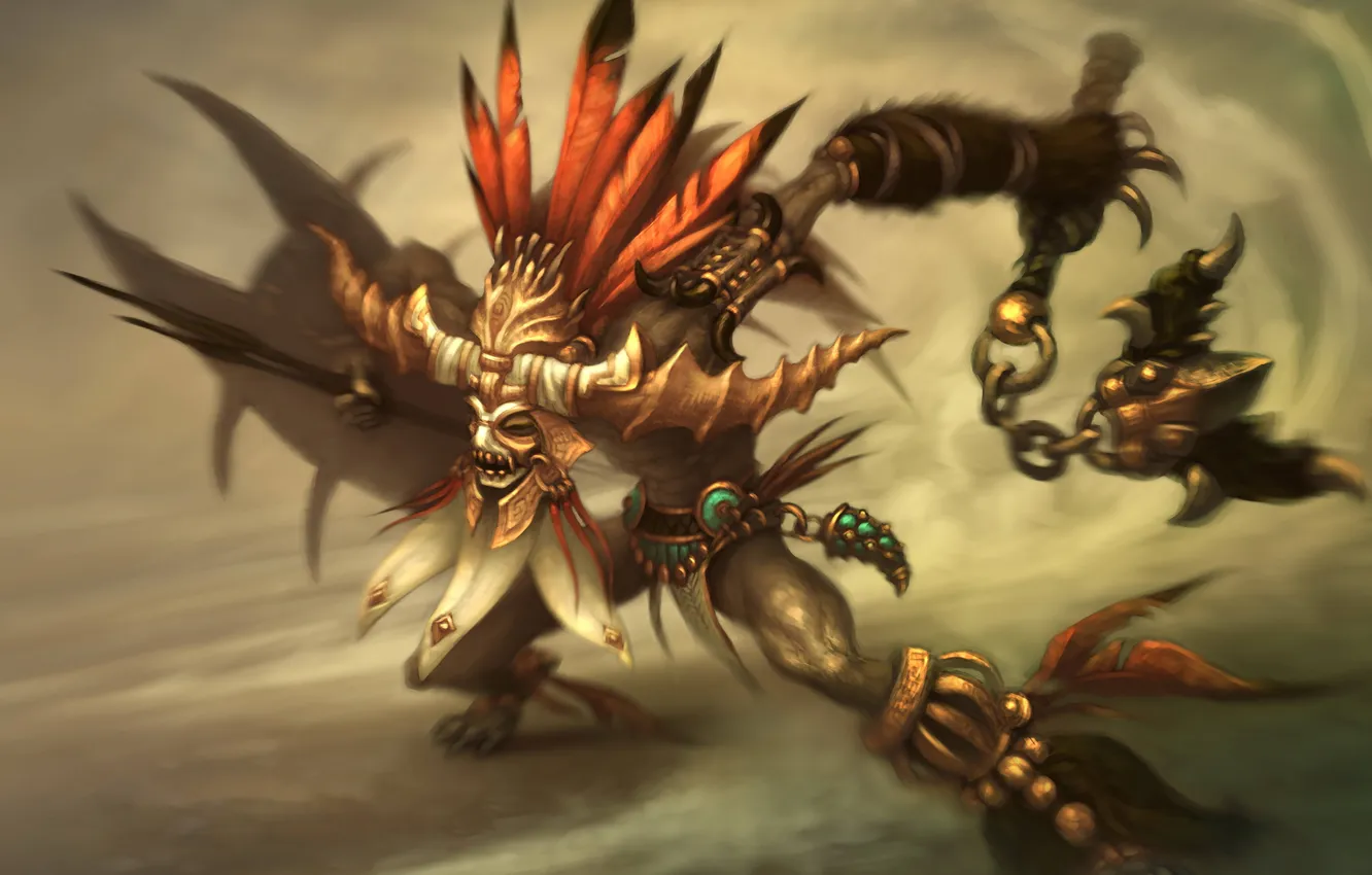 Photo wallpaper decoration, feathers, mask, Mace, diablo 3, spears, shaman, throwing