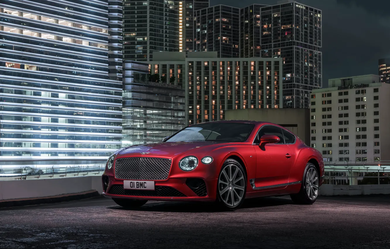 Photo wallpaper night, red, the city, coupe, Bentley, 2019, Continental GT V8