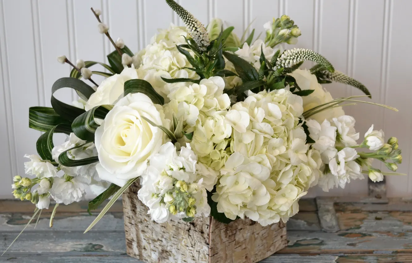 Photo wallpaper flowers, roses, bouquet, hydrangea, gillyflower