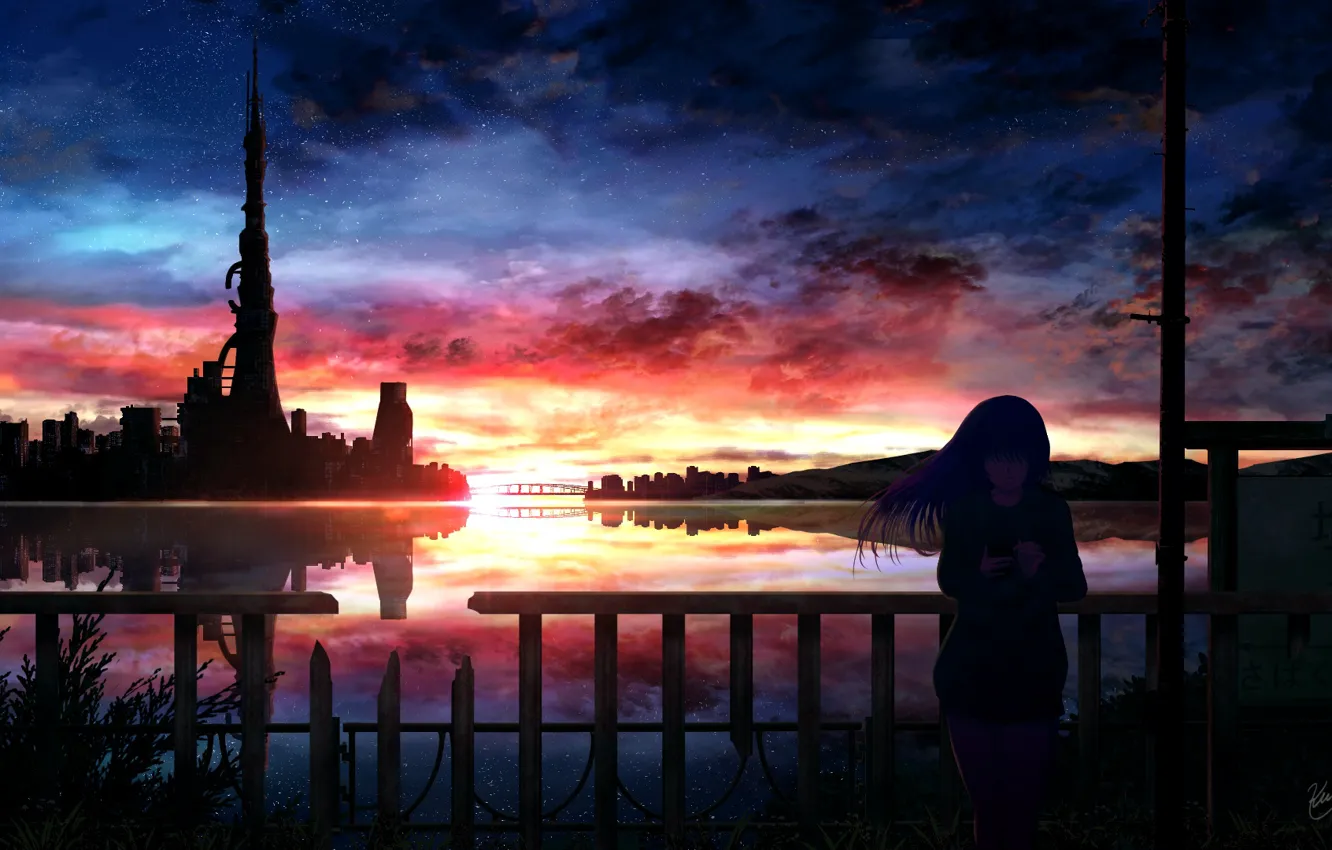 Photo wallpaper water, girl, sunset, the city, phone