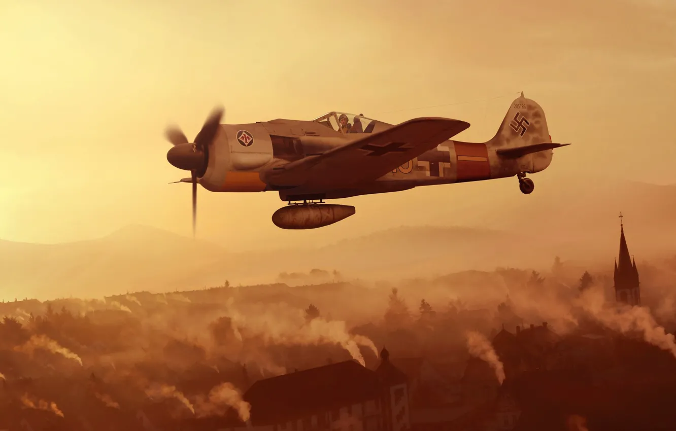 Photo wallpaper fighter, Germany, artwork, Air force, WWII, Focke -Wulf, Fw.190A-9, JG1