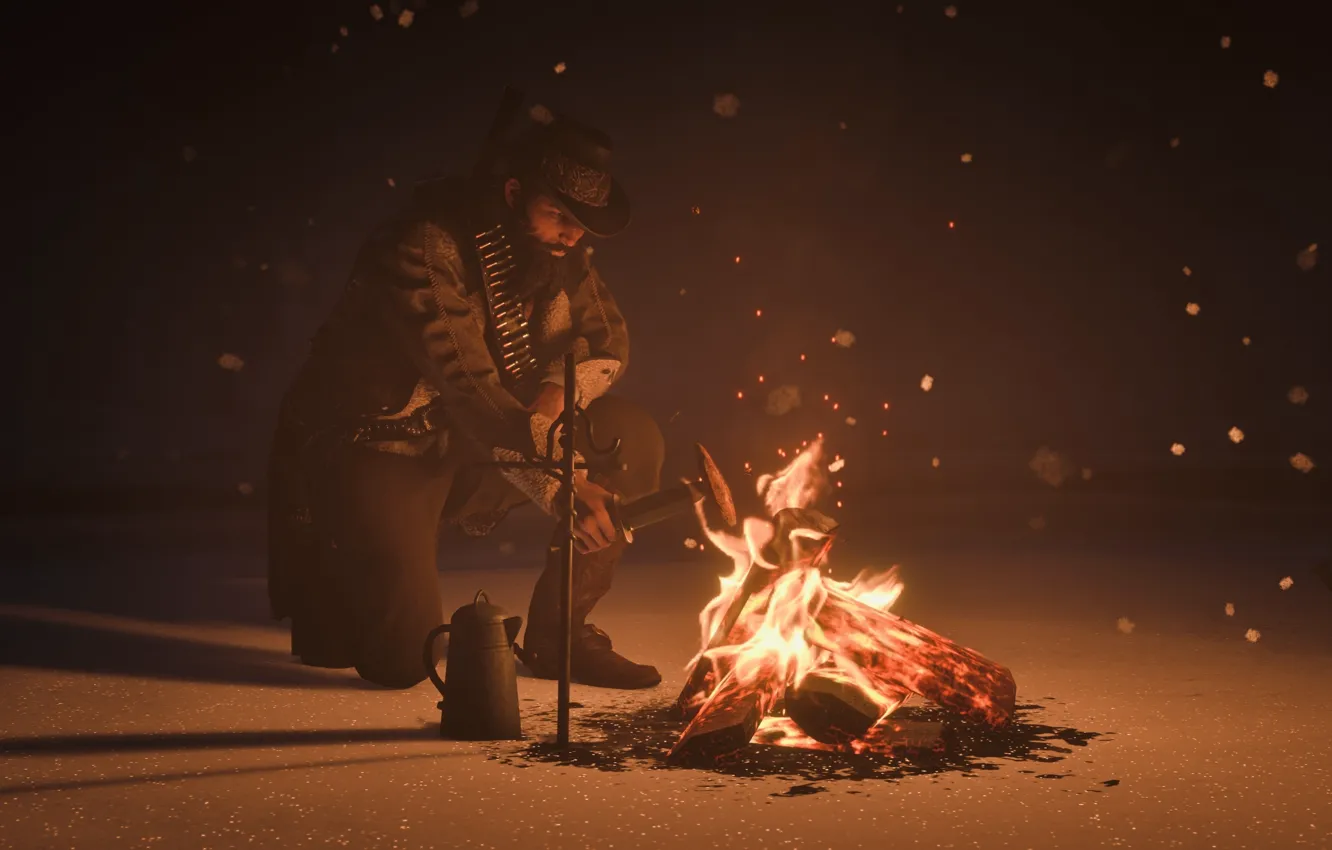 Photo wallpaper HDR, fire, game, winter, snow, fireplace, cold, eating