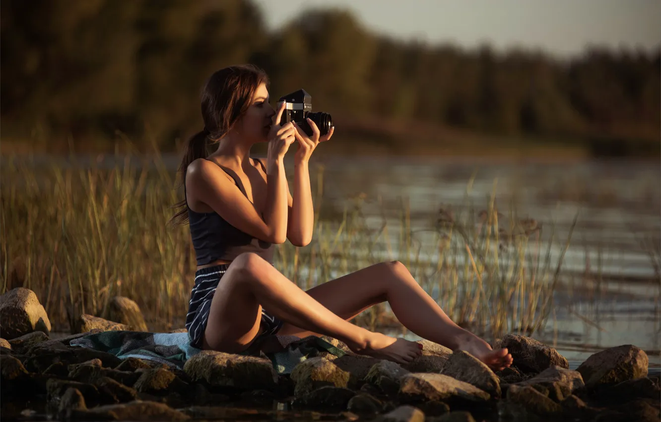 Photo wallpaper forest, shorts, river, sky, hot girl, trees, nature, sunset