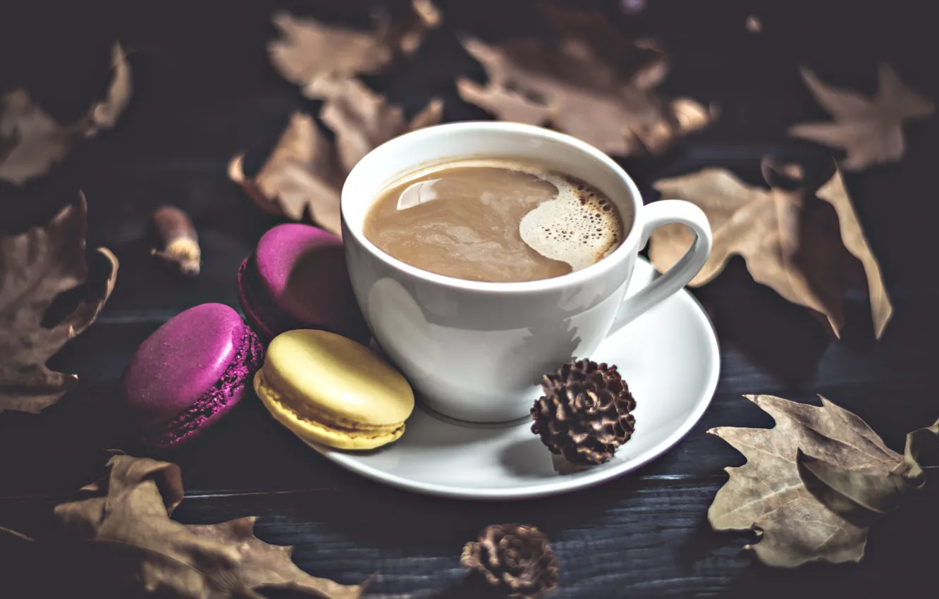 Photo wallpaper autumn, leaves, coffee, cookies, macaroon