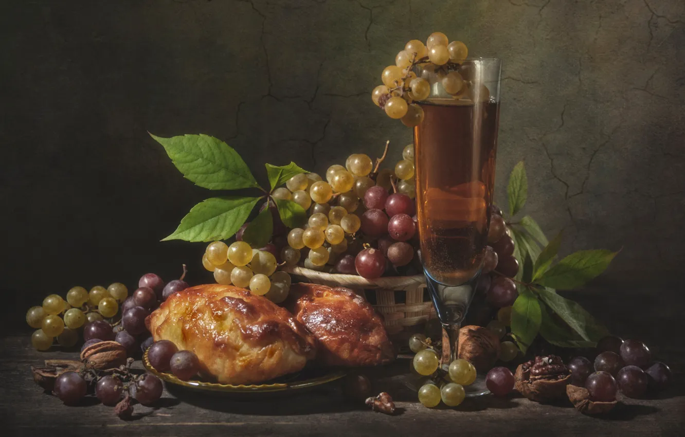 Photo wallpaper cracked, wall, wine, Board, glass, pie, grapes, nuts