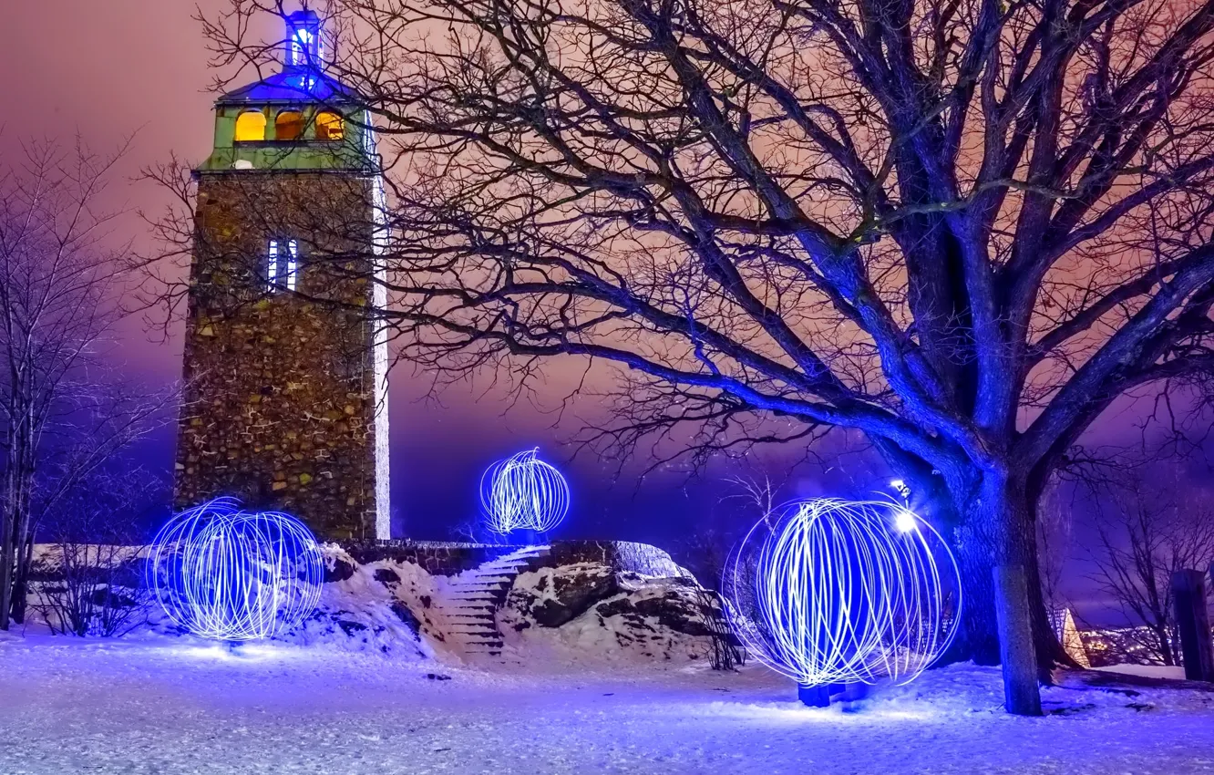 Photo wallpaper winter, trees, night, the city, lights, tower