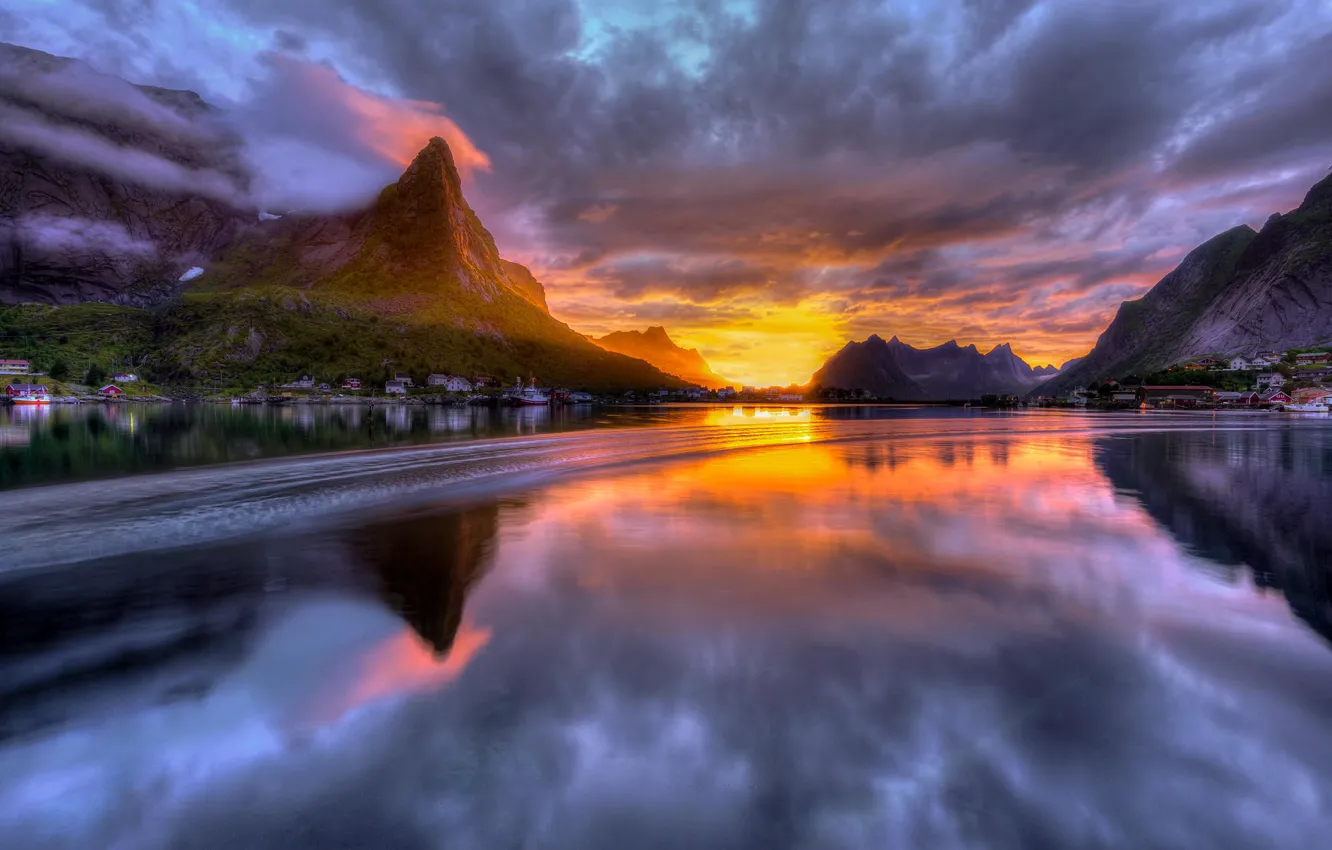 Photo wallpaper sea, wave, water, clouds, sunset, mountains, Norway, Norway