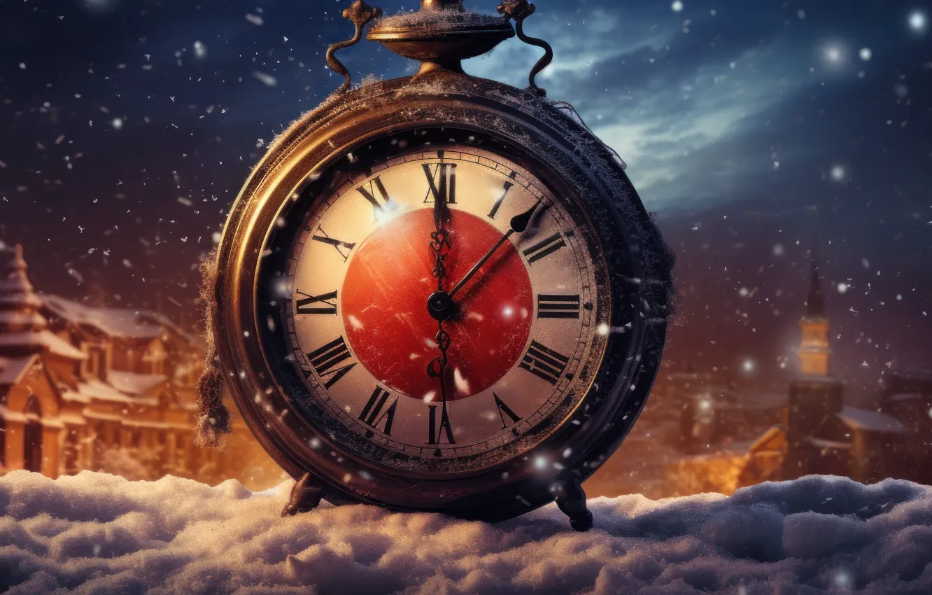 Photo wallpaper winter, snow, night, time, watch, new year, Christmas, panorama