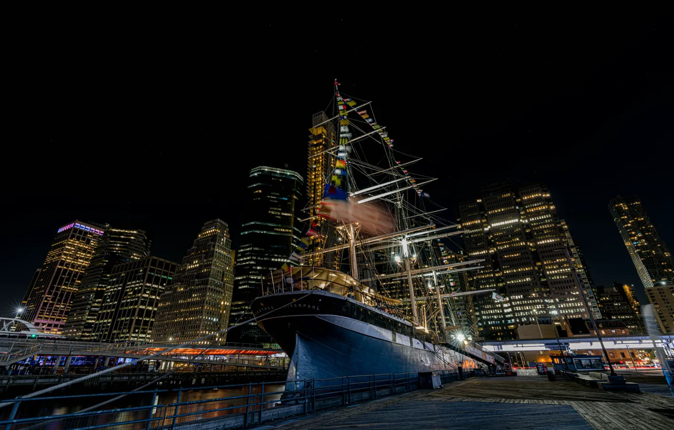 Photo wallpaper night, lights, darkness, ship, building, New York, skyscrapers, port